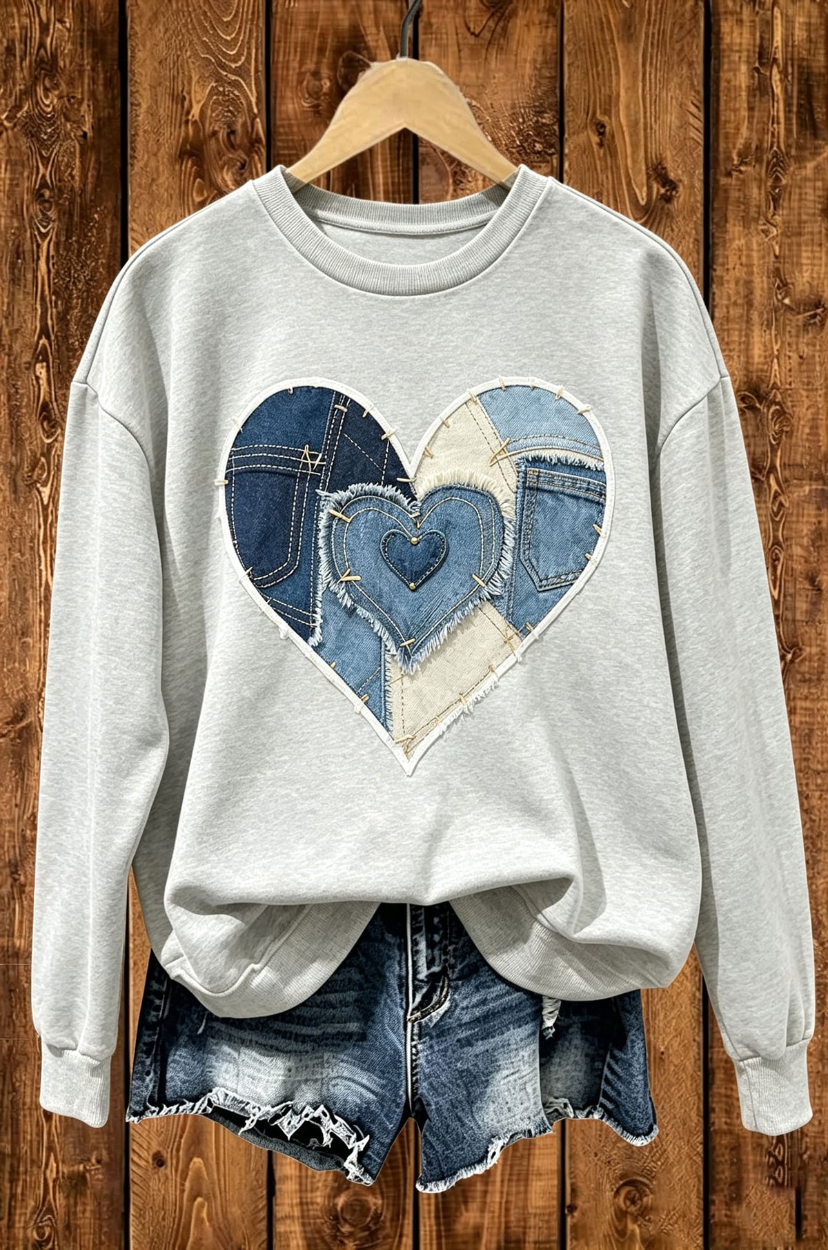 Denim Patchwork Stitched Heart Crewneck Sweatshirt