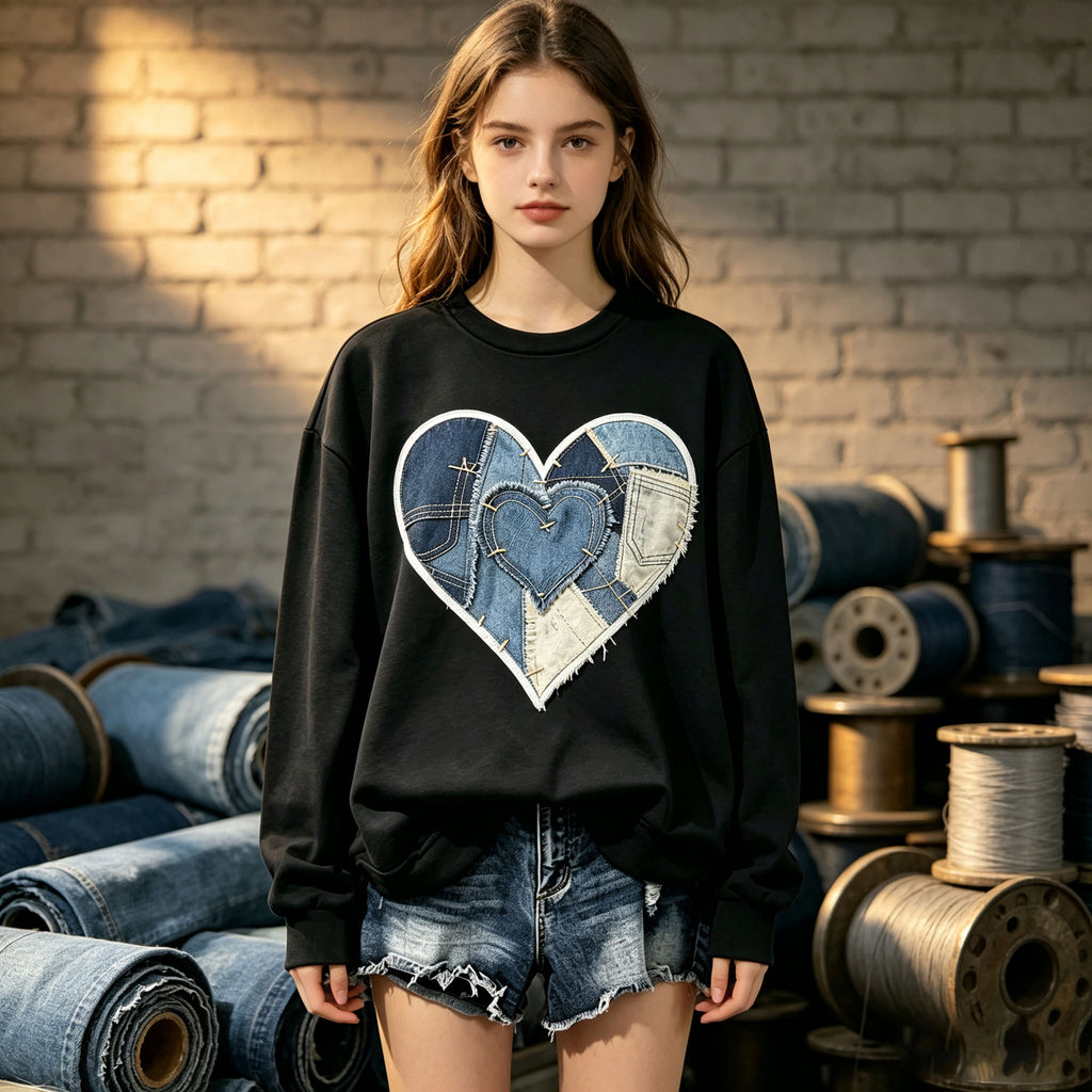 Denim Patchwork Stitched Heart Crewneck Sweatshirt