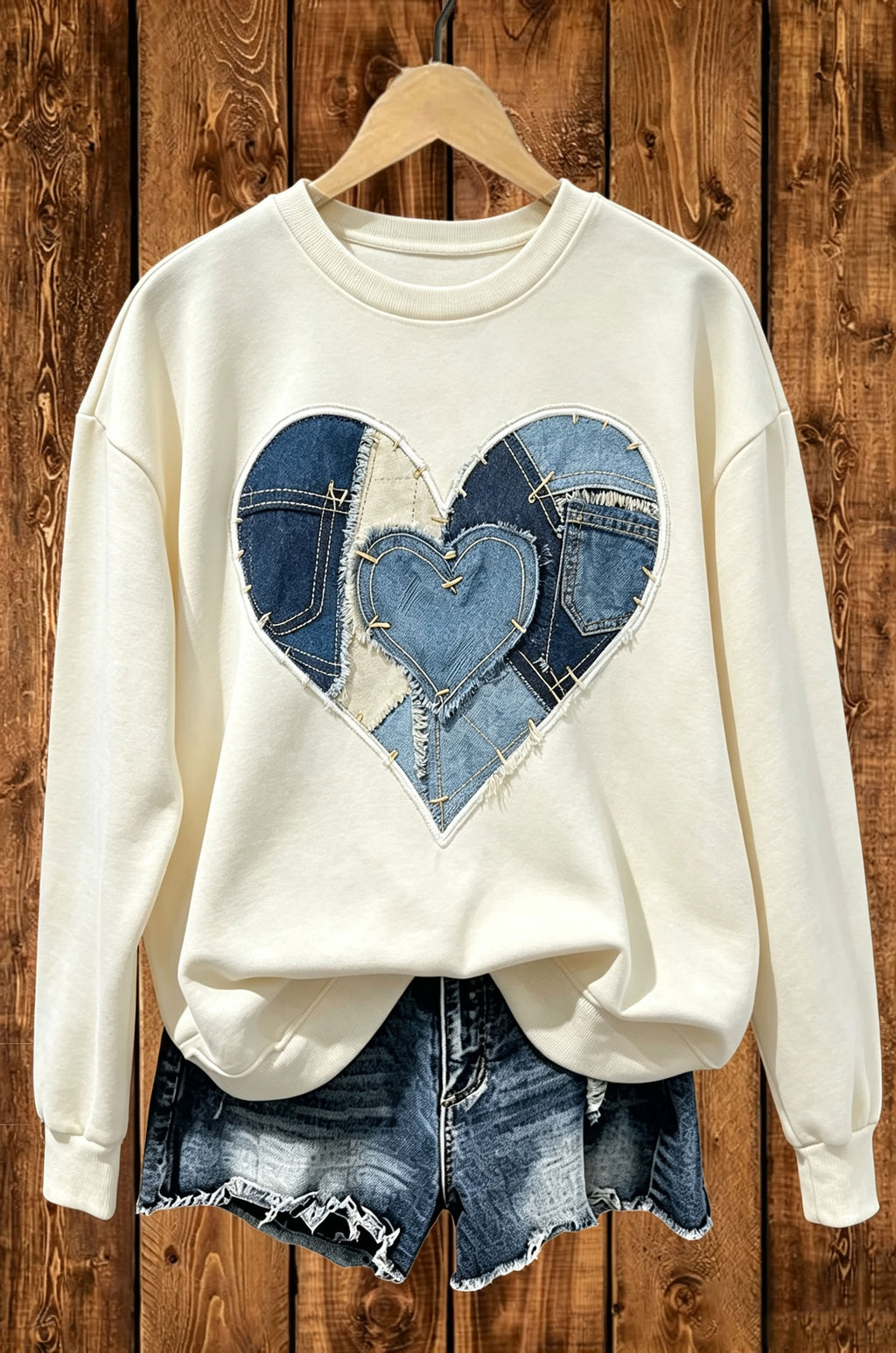 Denim Patchwork Stitched Heart Crewneck Sweatshirt