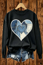Denim Patchwork Stitched Heart Crewneck Sweatshirt