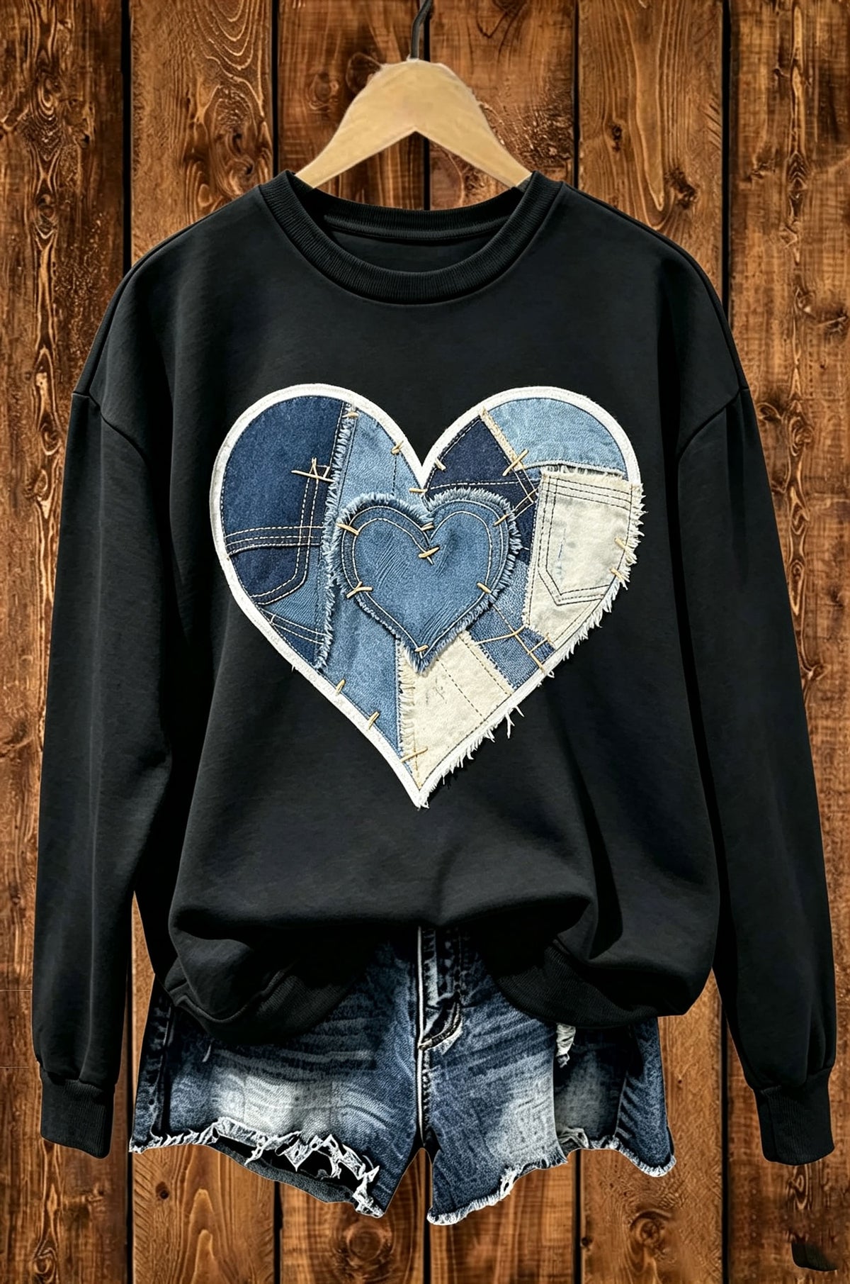 Denim Patchwork Stitched Heart Crewneck Sweatshirt