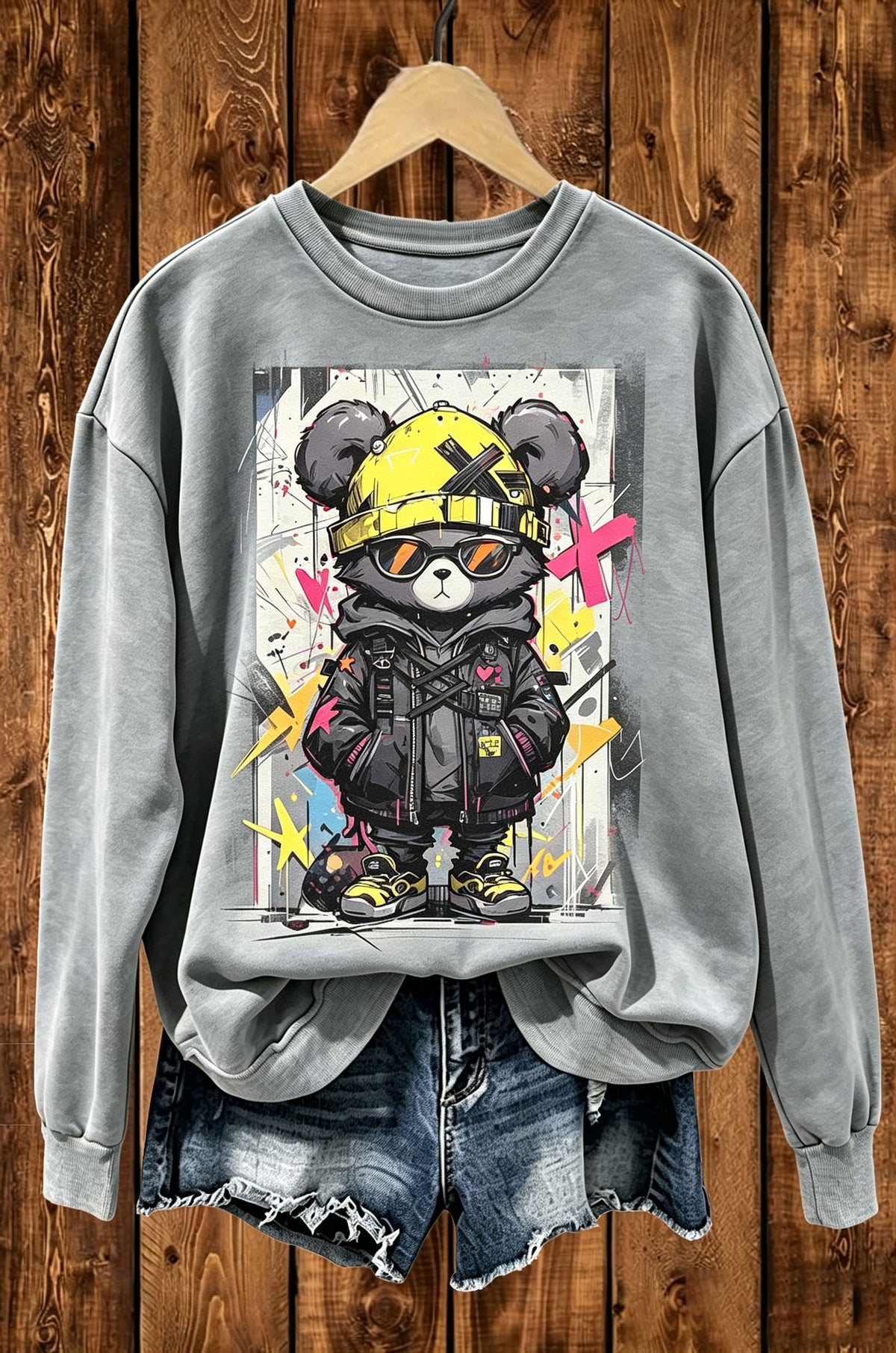 Graffiti Street Cool Bear Graphic Crewneck Sweatshirt