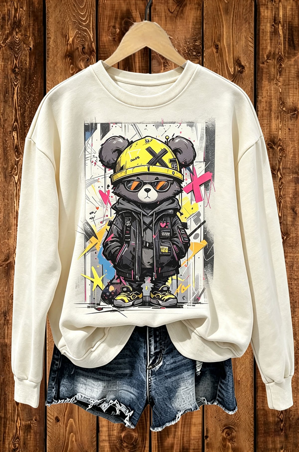 Graffiti Street Cool Bear Graphic Crewneck Sweatshirt