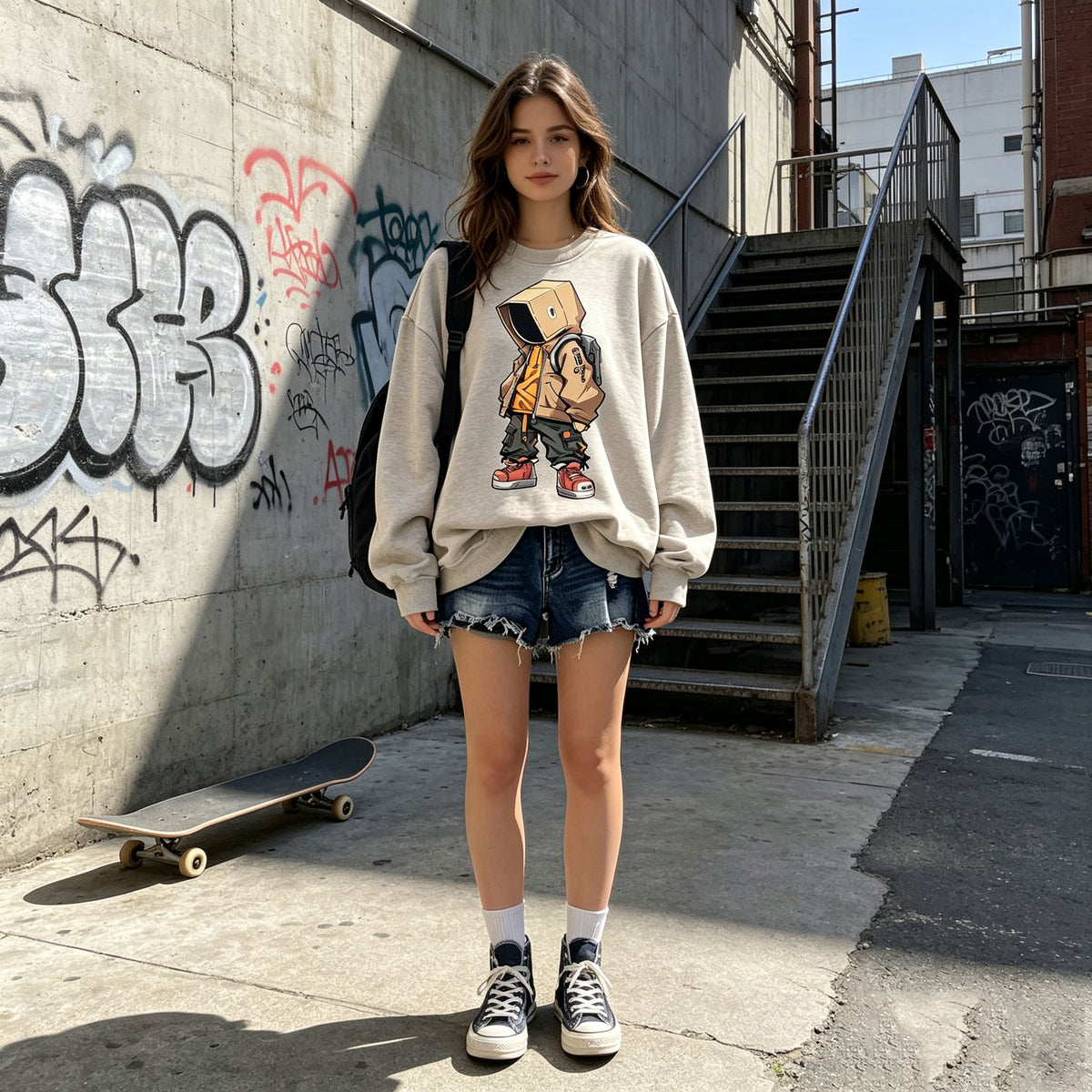 Box Head Street Cartoon Graphic Crewneck Sweatshirt