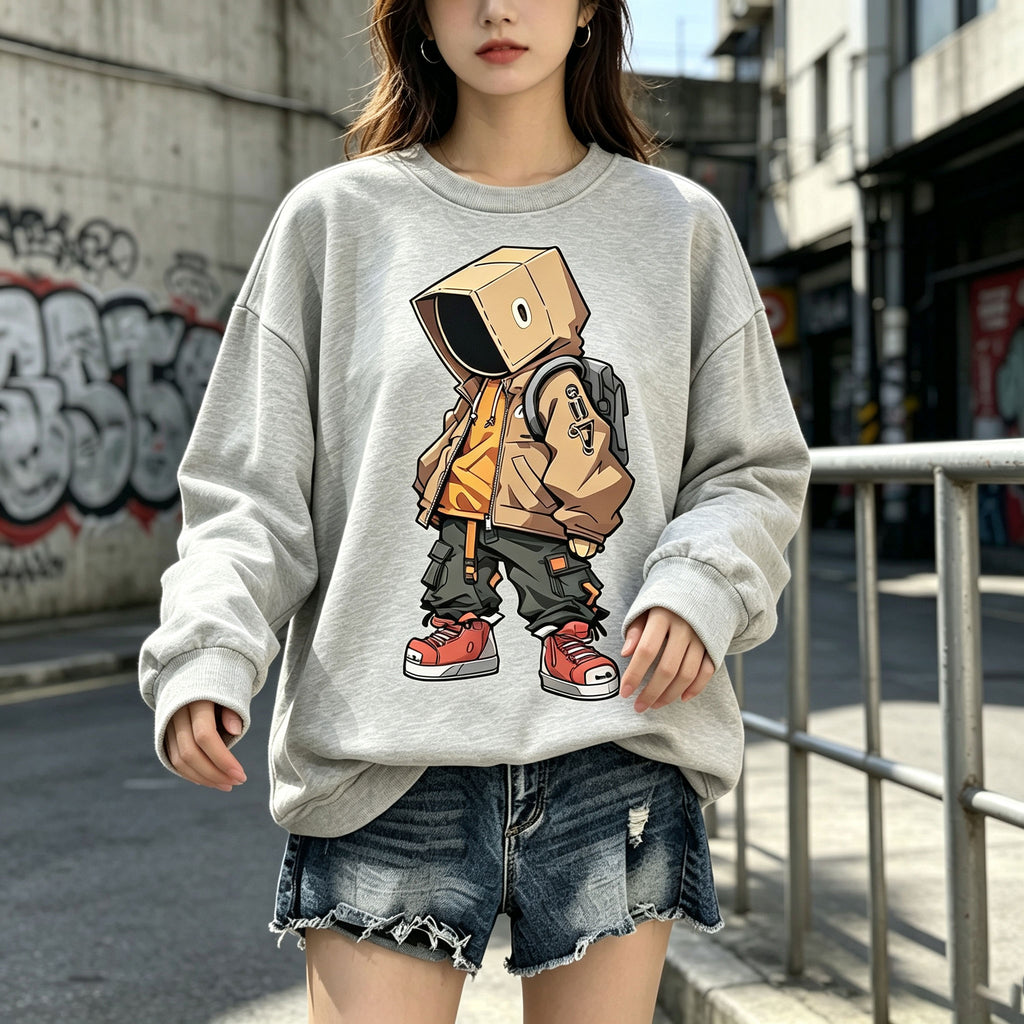 Box Head Street Cartoon Graphic Crewneck Sweatshirt