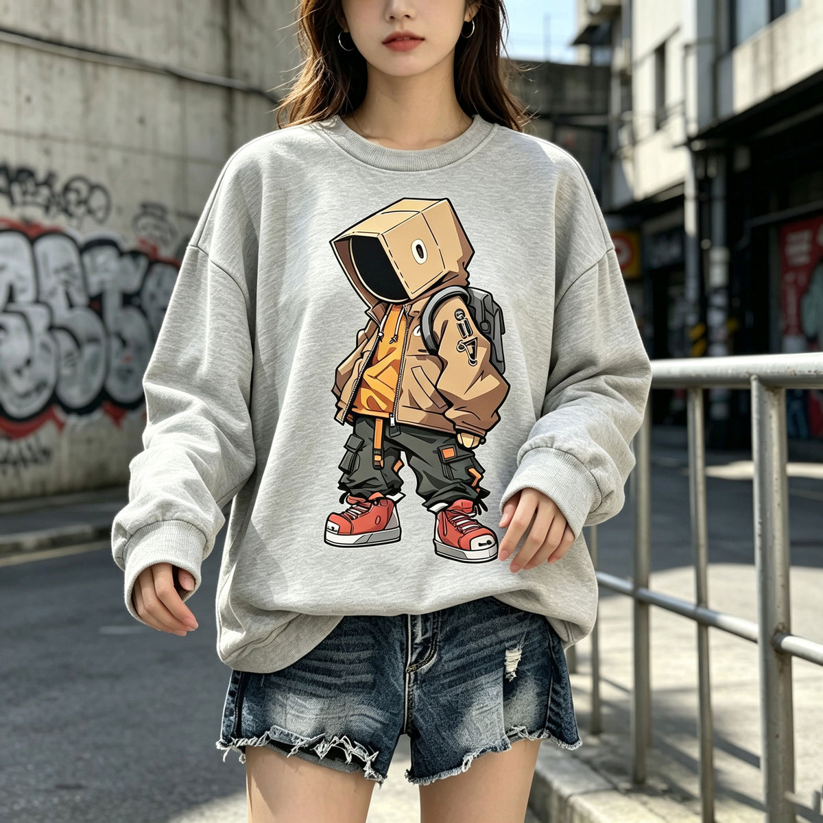 Box Head Street Cartoon Graphic Crewneck Sweatshirt