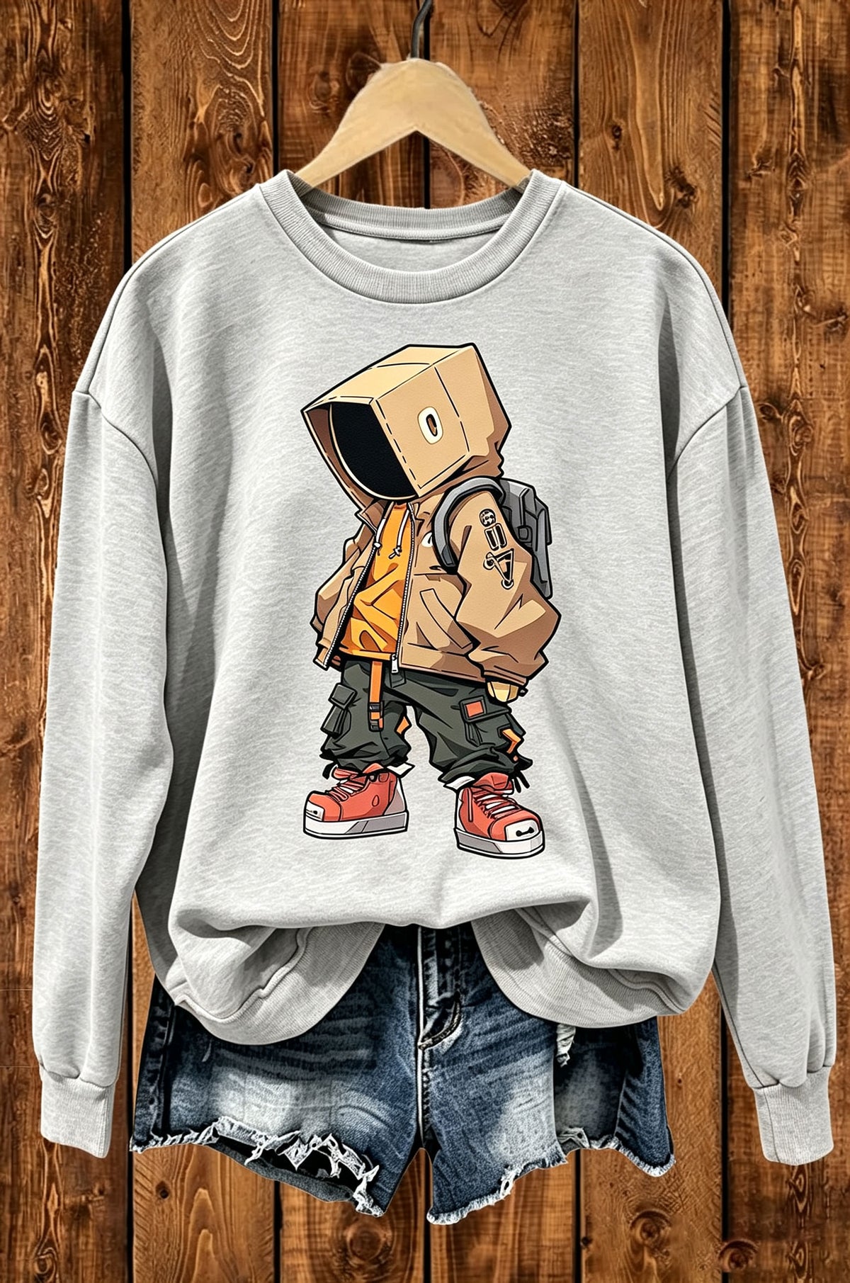 Box Head Street Cartoon Graphic Crewneck Sweatshirt