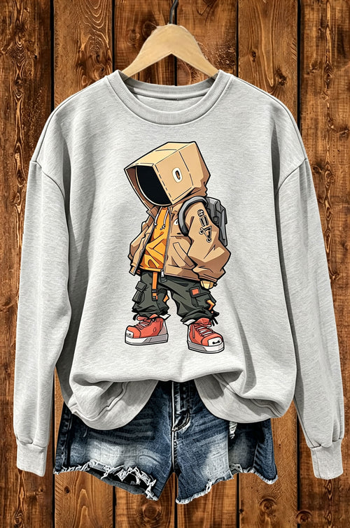 Box Head Street Cartoon Graphic Crewneck Sweatshirt