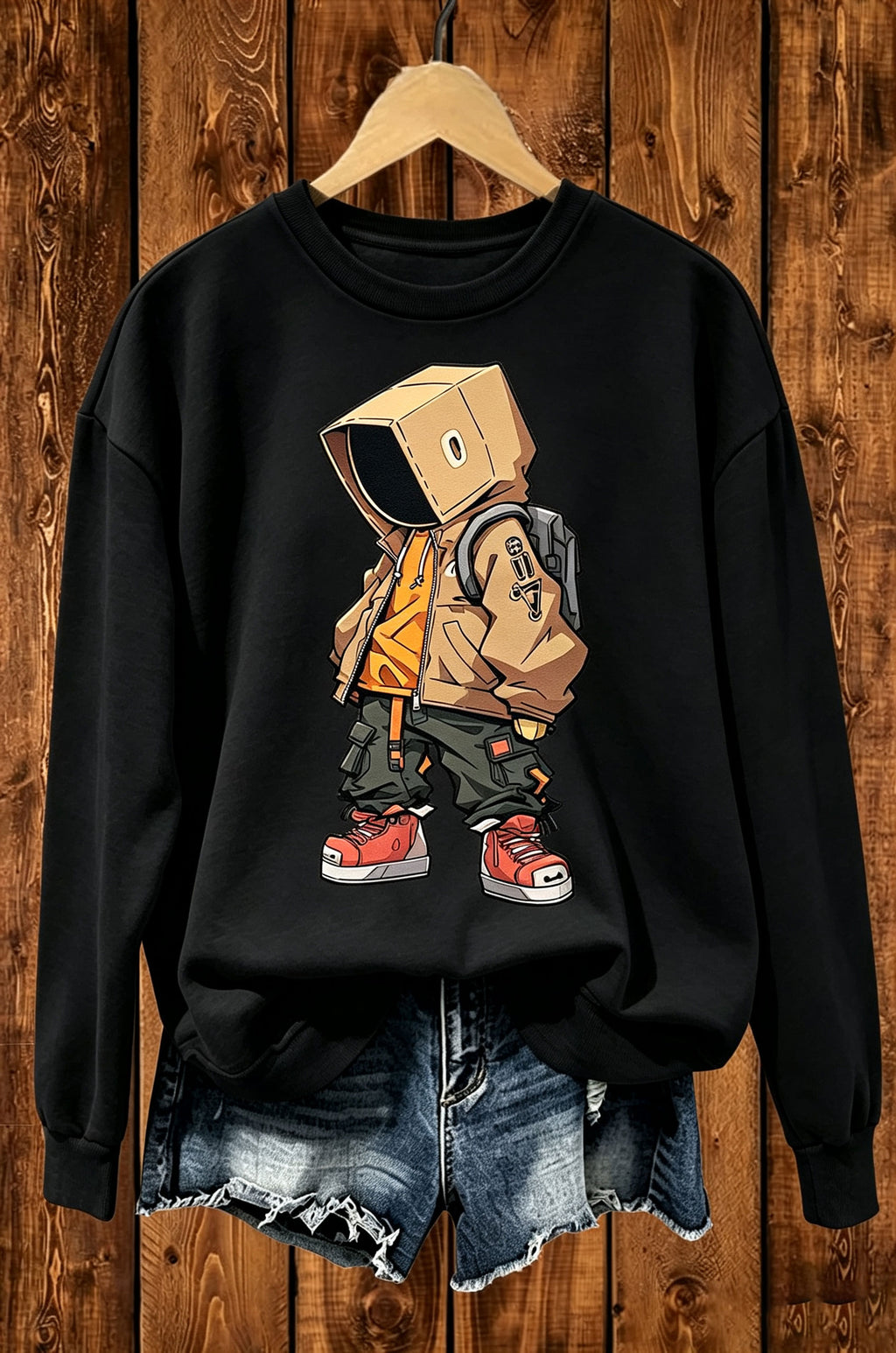 Box Head Street Cartoon Graphic Crewneck Sweatshirt