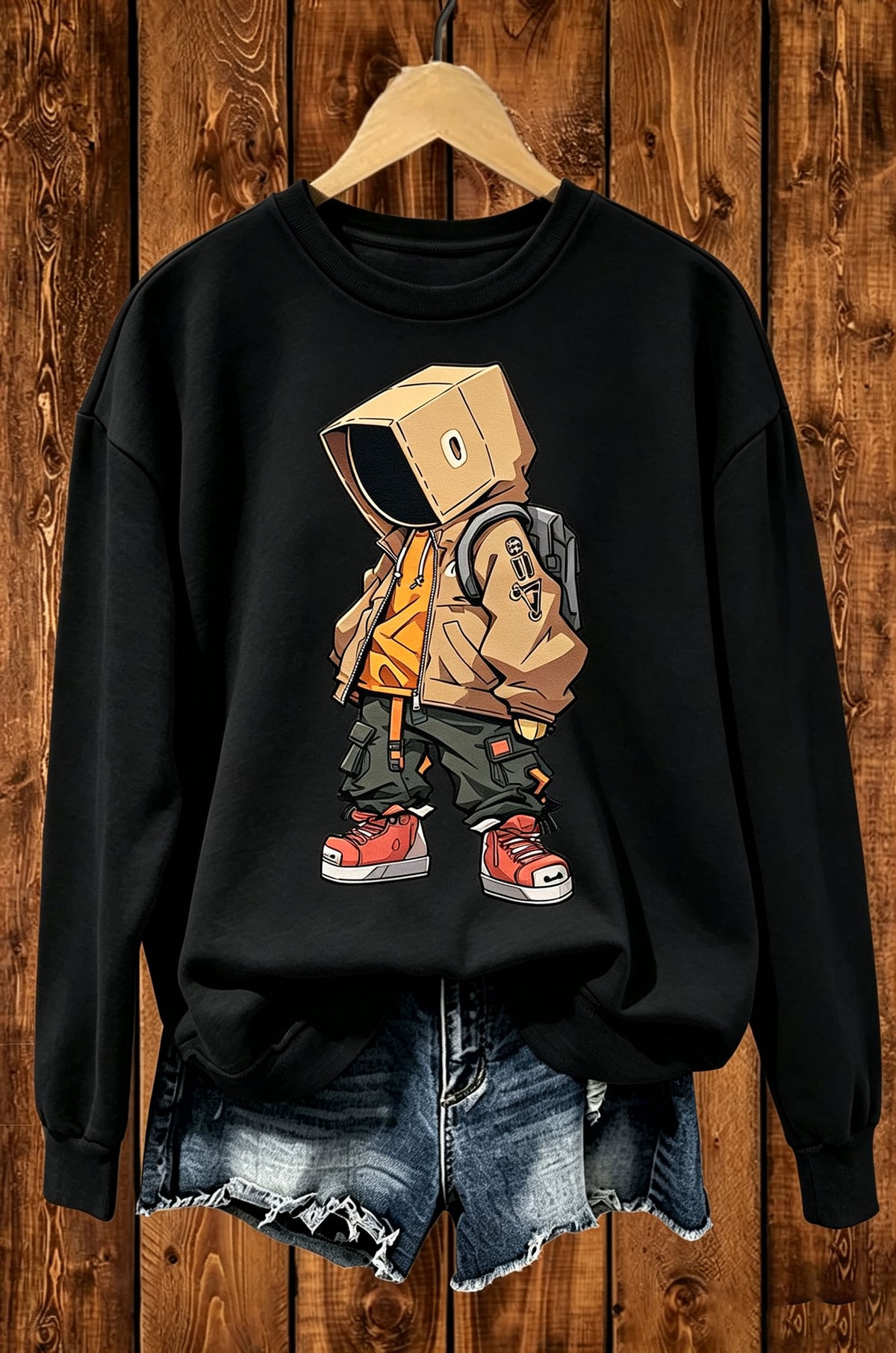 Box Head Street Cartoon Graphic Crewneck Sweatshirt