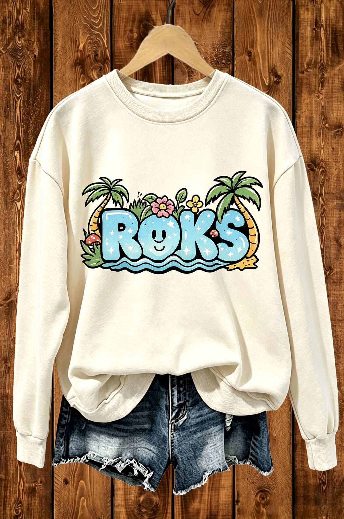 Roks Tropical Palm Cartoon Graphic Crewneck Sweatshirt