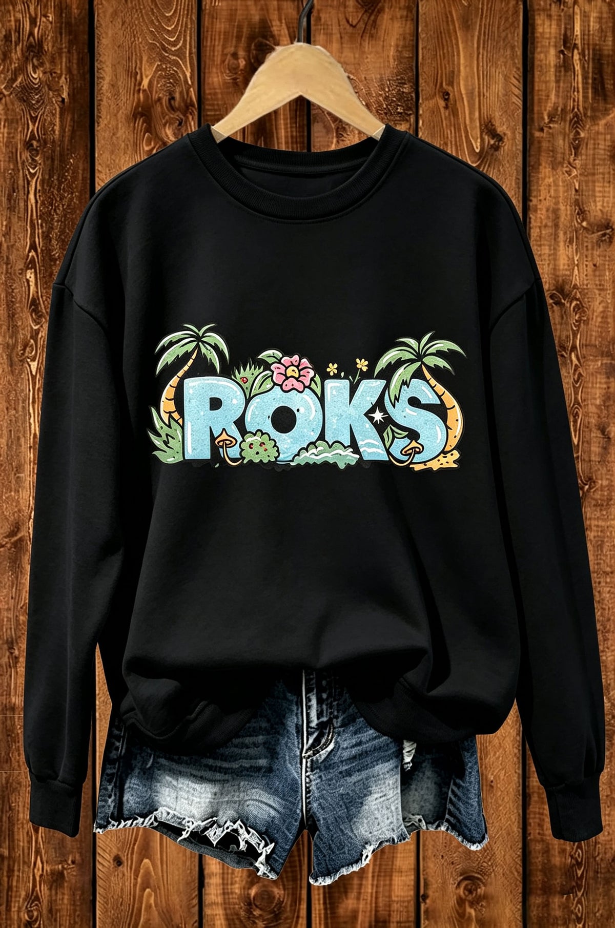 Roks Tropical Palm Cartoon Graphic Crewneck Sweatshirt
