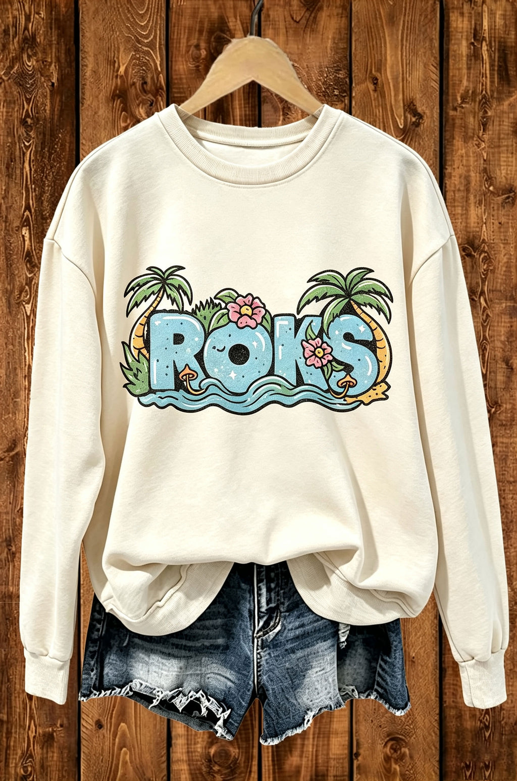 Roks Tropical Palm Cartoon Graphic Crewneck Sweatshirt