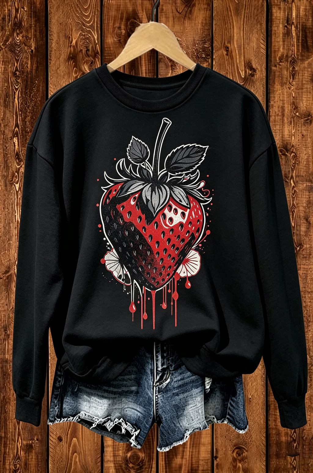 Dark Gothic Red Strawberry Graphic Crewneck Sweatshirt