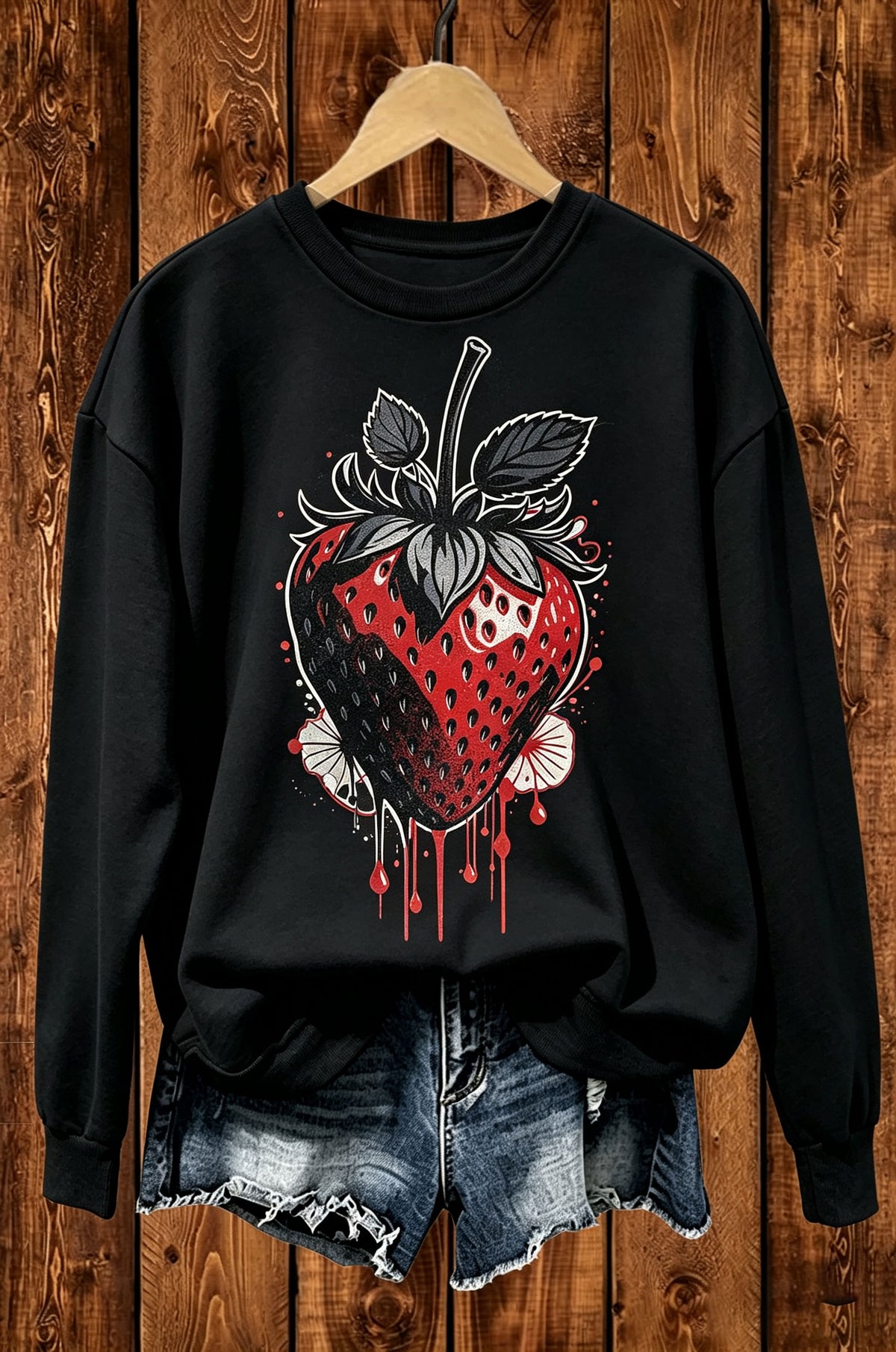 Dark Gothic Red Strawberry Graphic Crewneck Sweatshirt