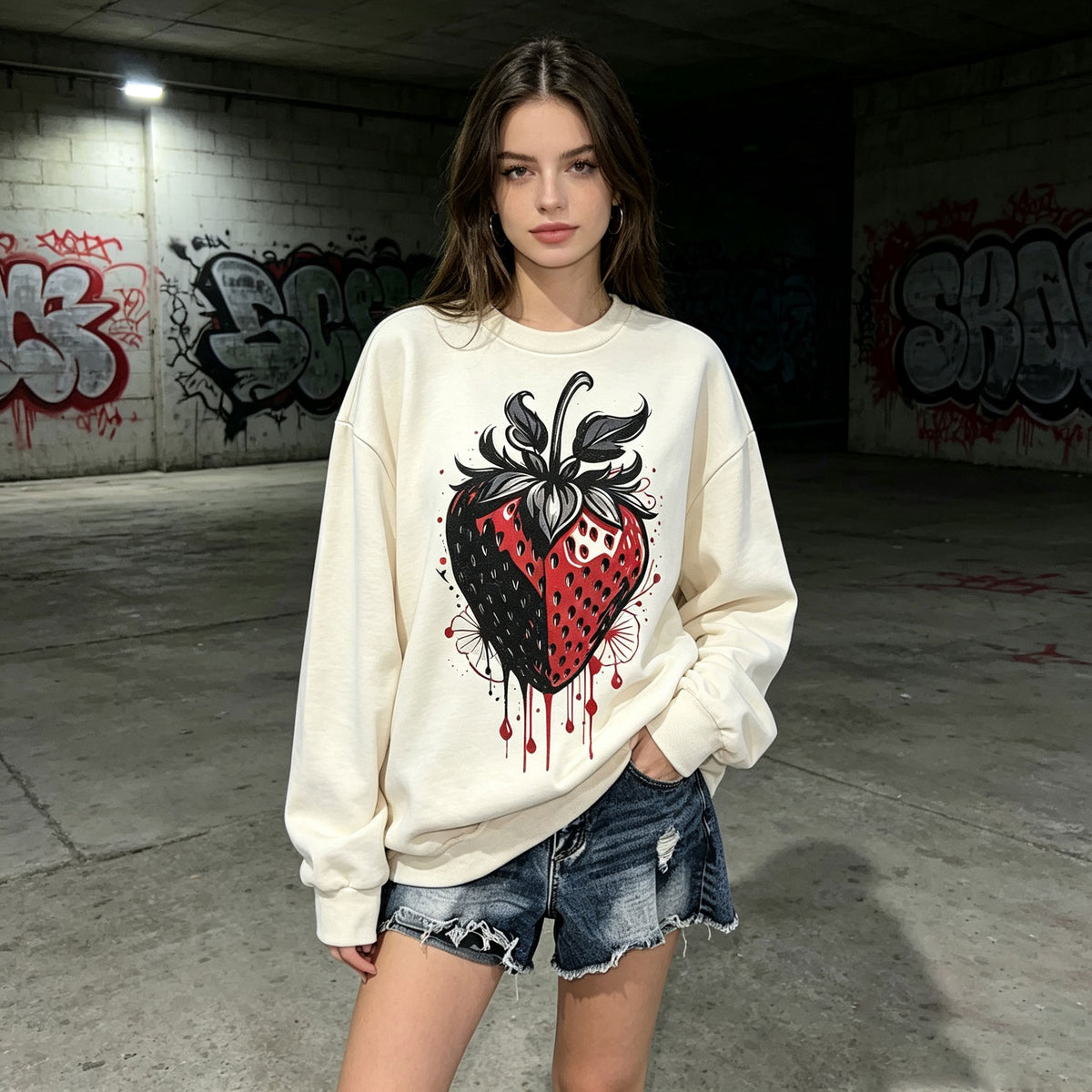 Dark Gothic Red Strawberry Graphic Crewneck Sweatshirt
