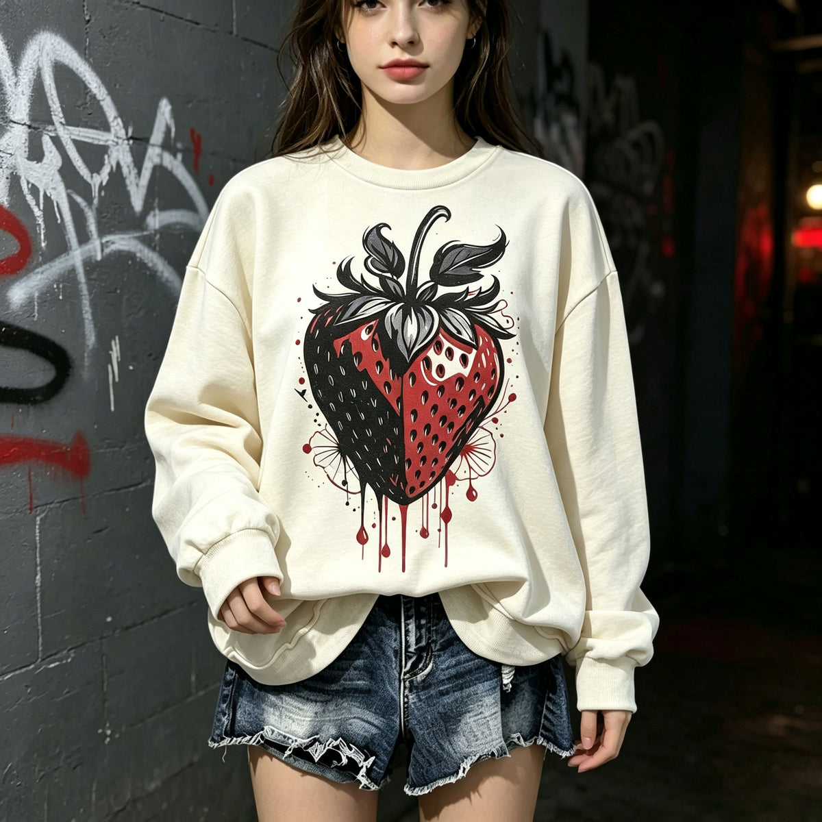 Dark Gothic Red Strawberry Graphic Crewneck Sweatshirt