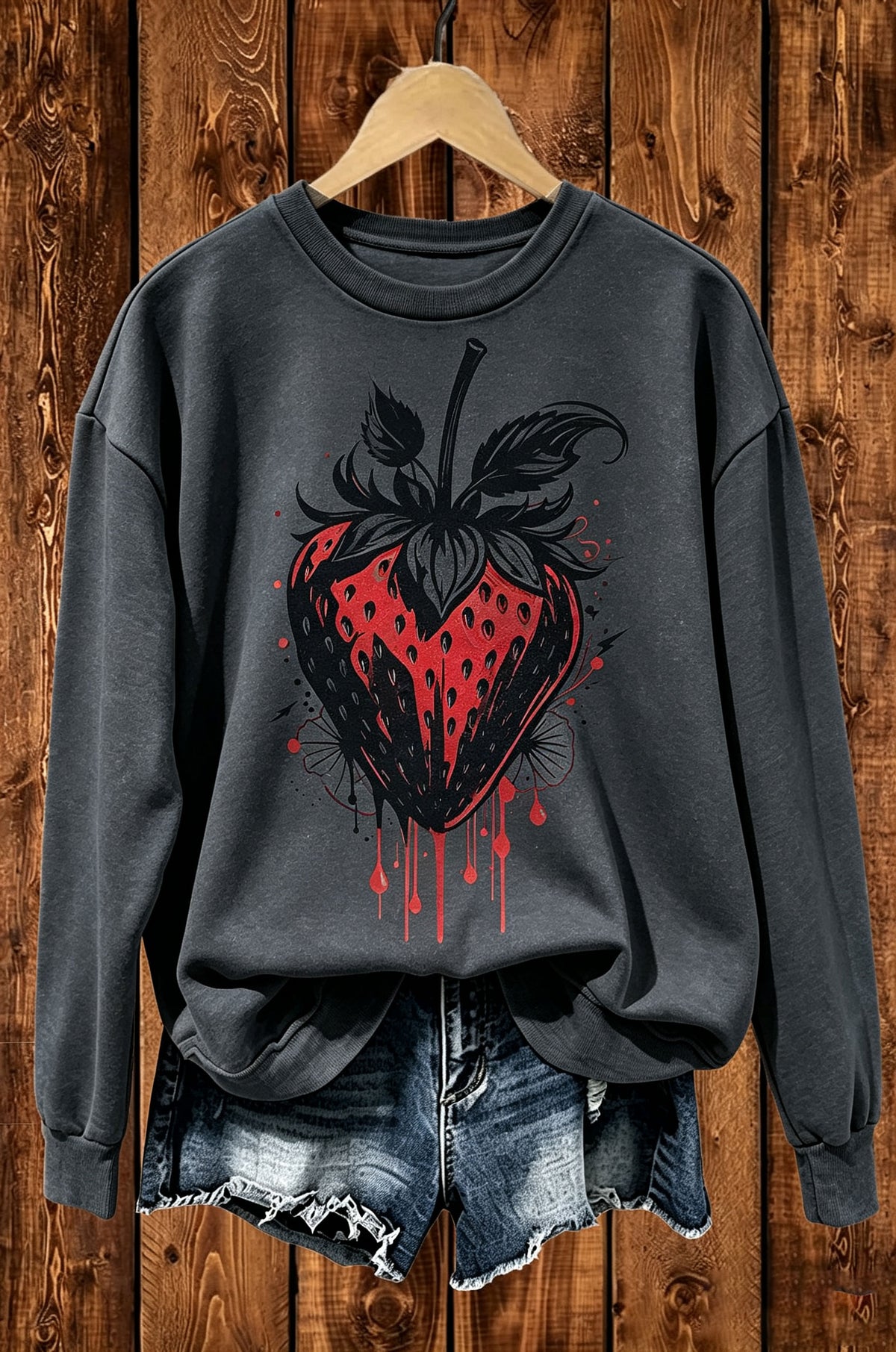 Dark Gothic Red Strawberry Graphic Crewneck Sweatshirt