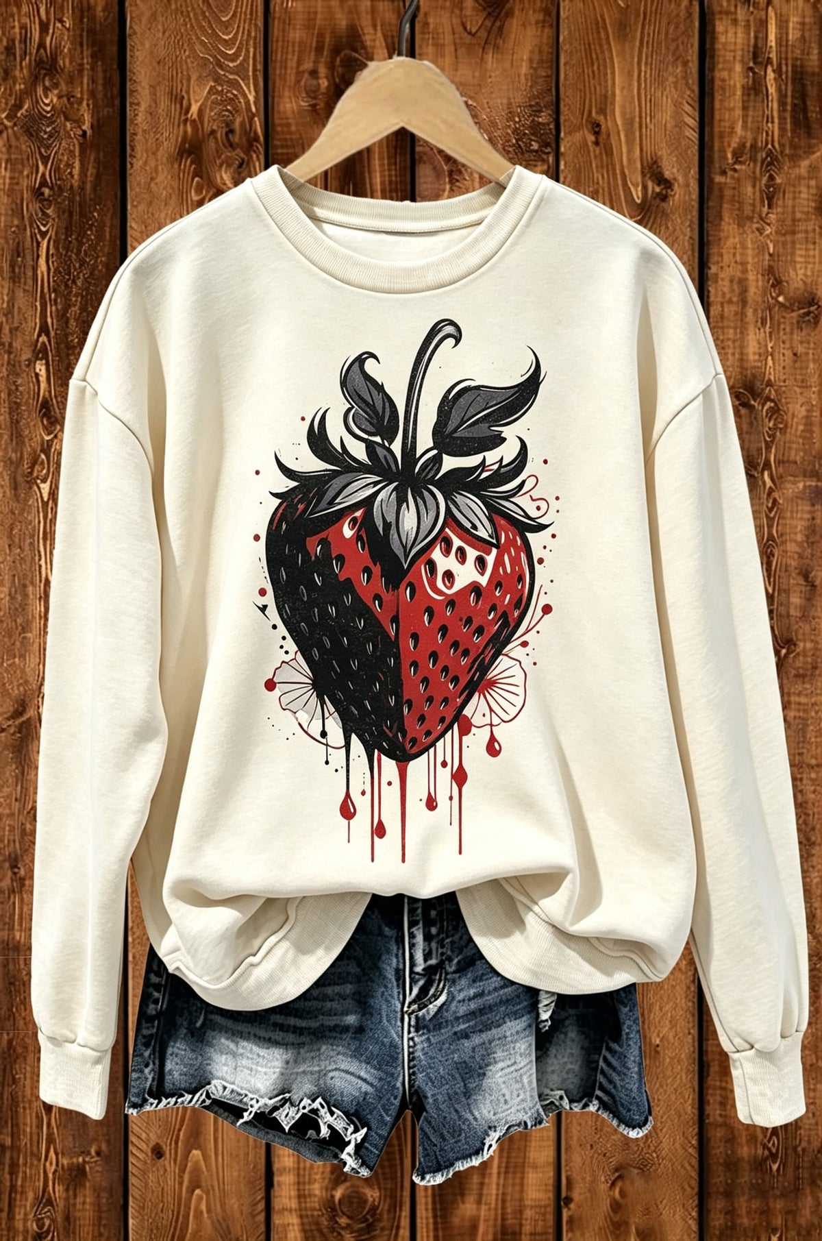 Dark Gothic Red Strawberry Graphic Crewneck Sweatshirt