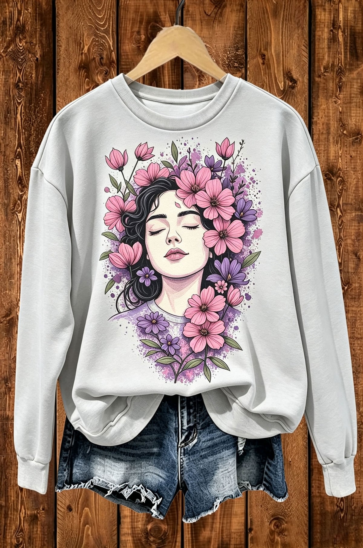 Boho Floral Lady Portrait Graphic Crewneck Sweatshirt