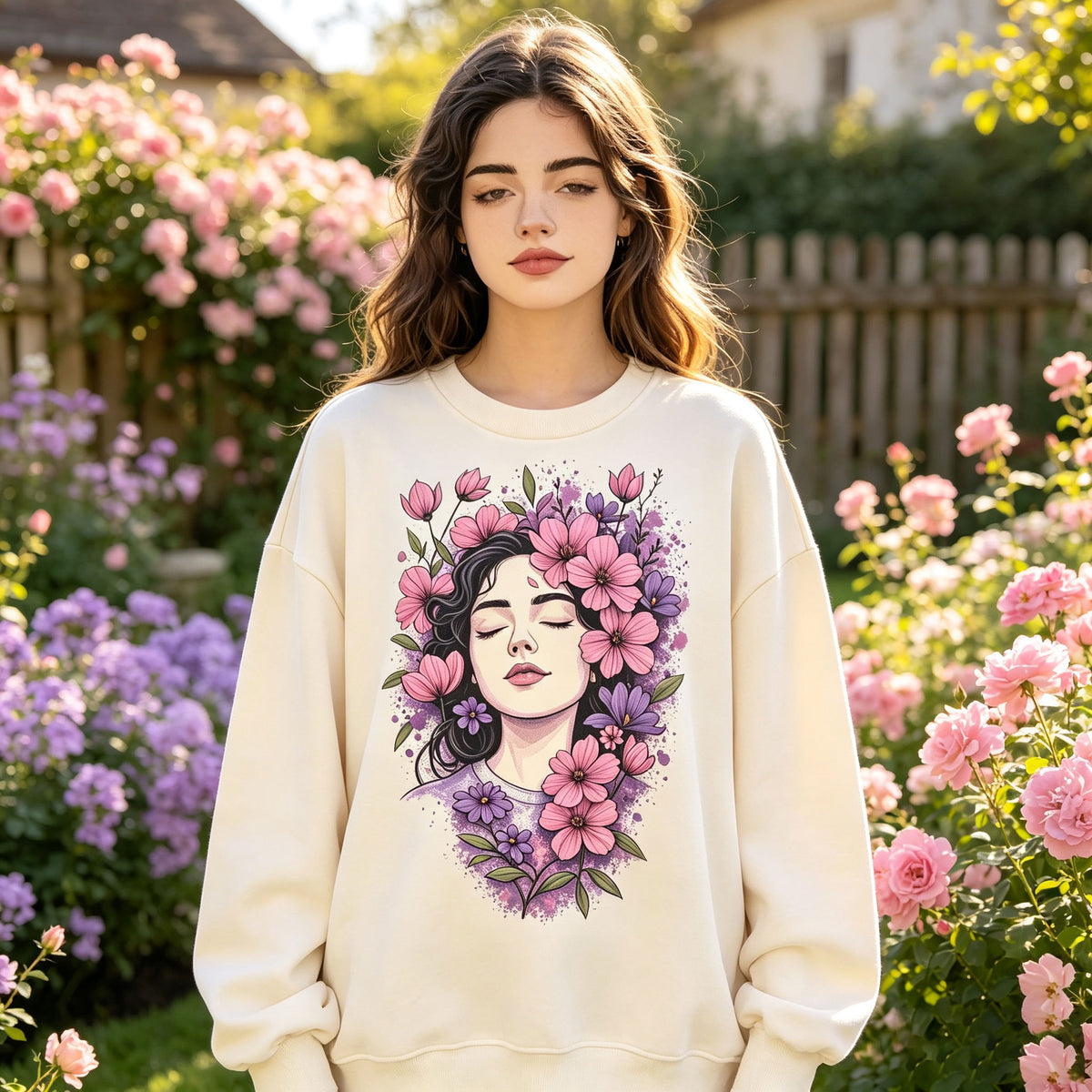 Boho Floral Lady Portrait Graphic Crewneck Sweatshirt