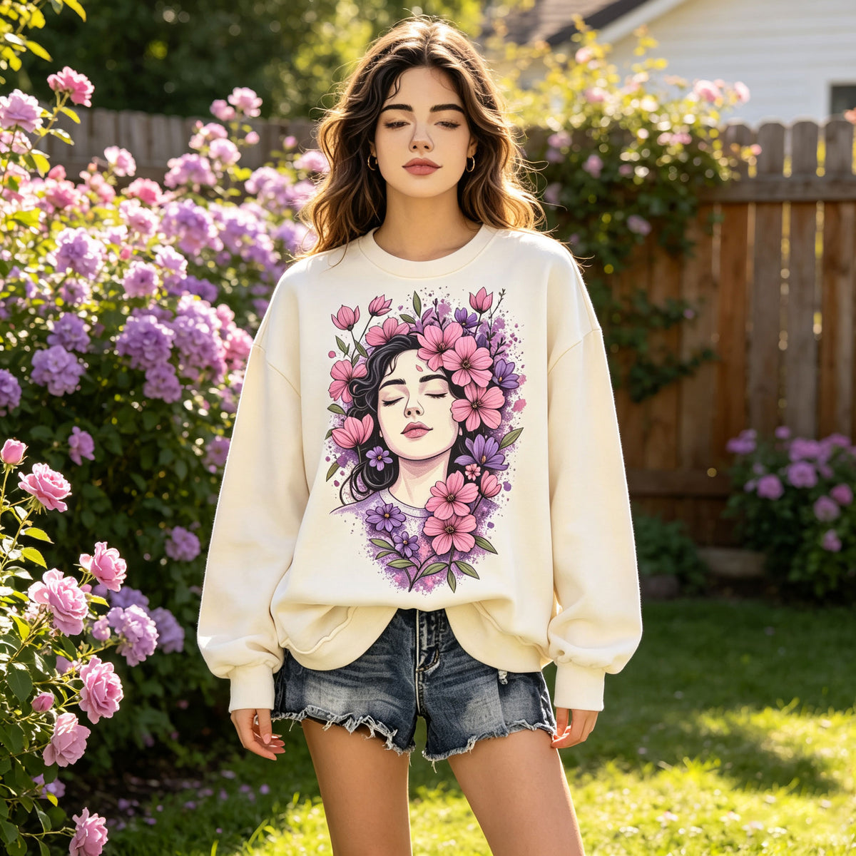 Boho Floral Lady Portrait Graphic Crewneck Sweatshirt