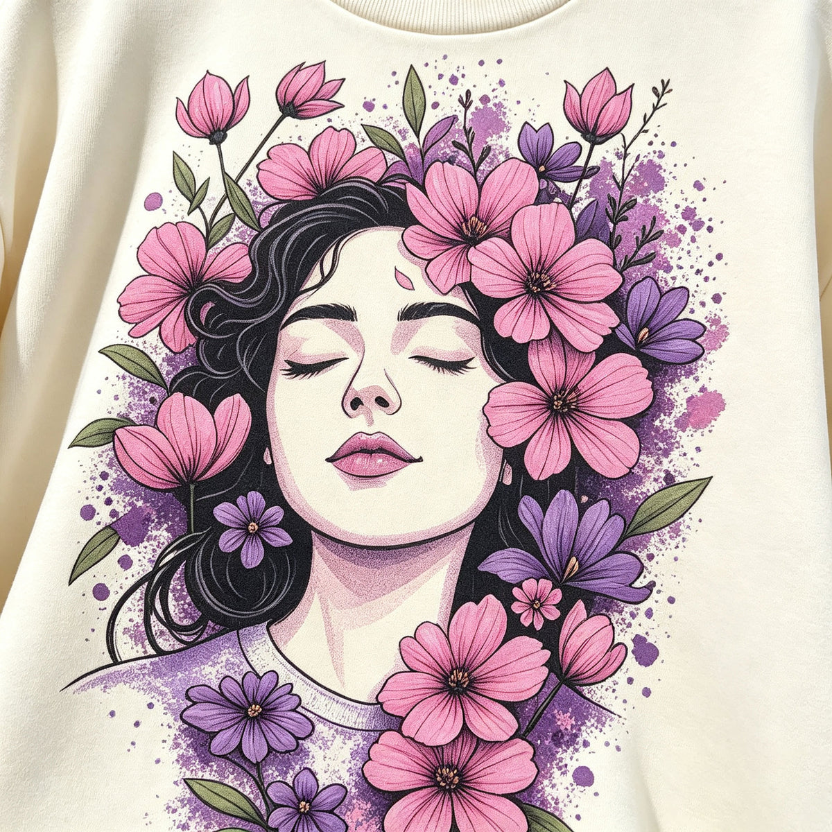 Boho Floral Lady Portrait Graphic Crewneck Sweatshirt