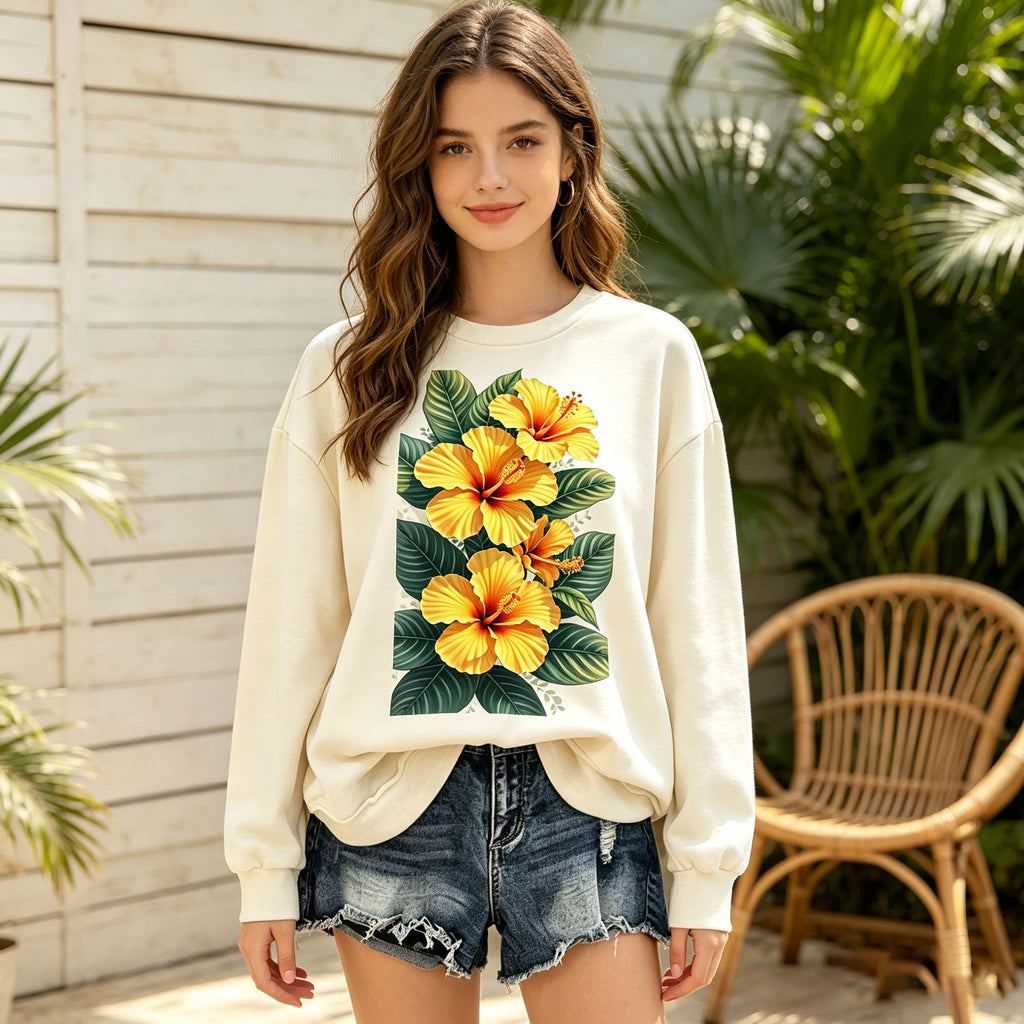Tropical Yellow Hibiscus Flower Graphic Crewneck Sweatshirt