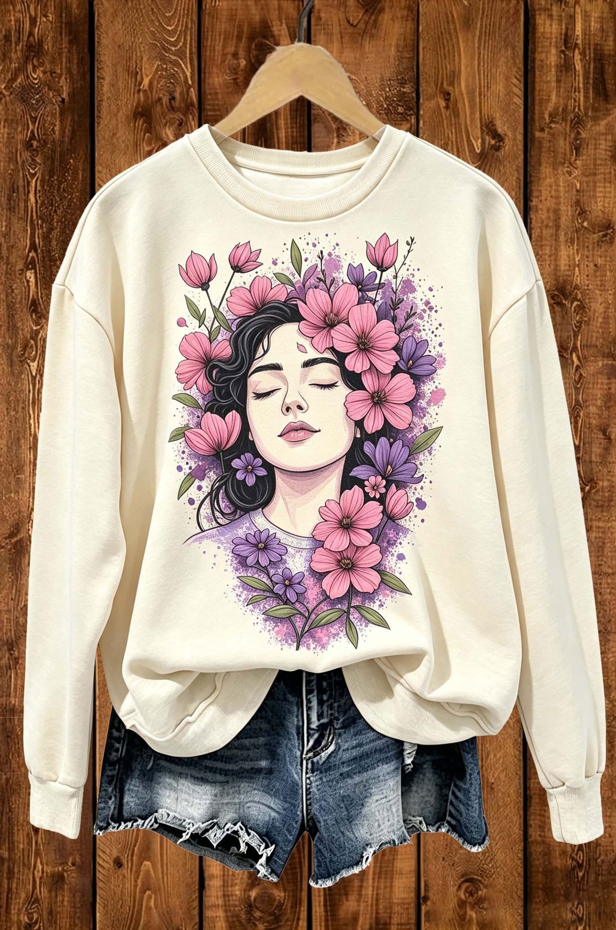 Boho Floral Lady Portrait Graphic Crewneck Sweatshirt