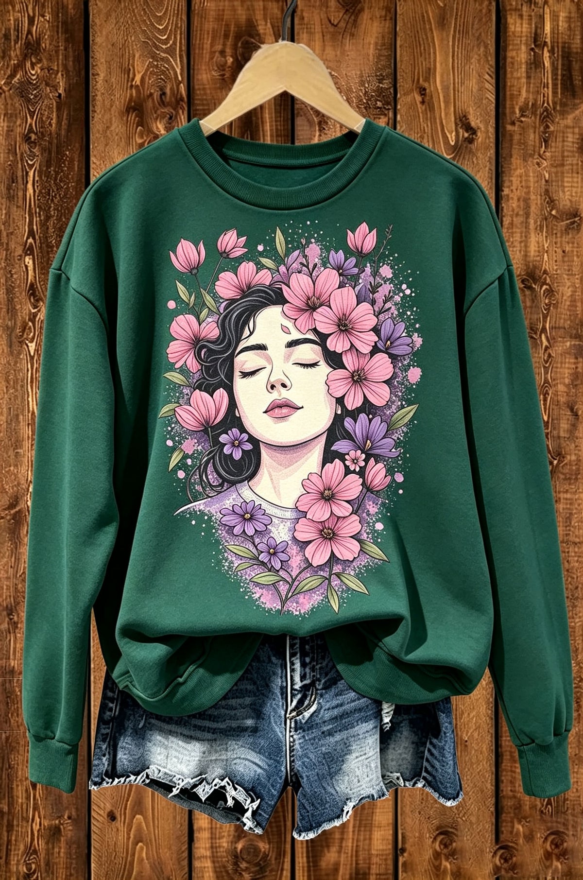 Boho Floral Lady Portrait Graphic Crewneck Sweatshirt