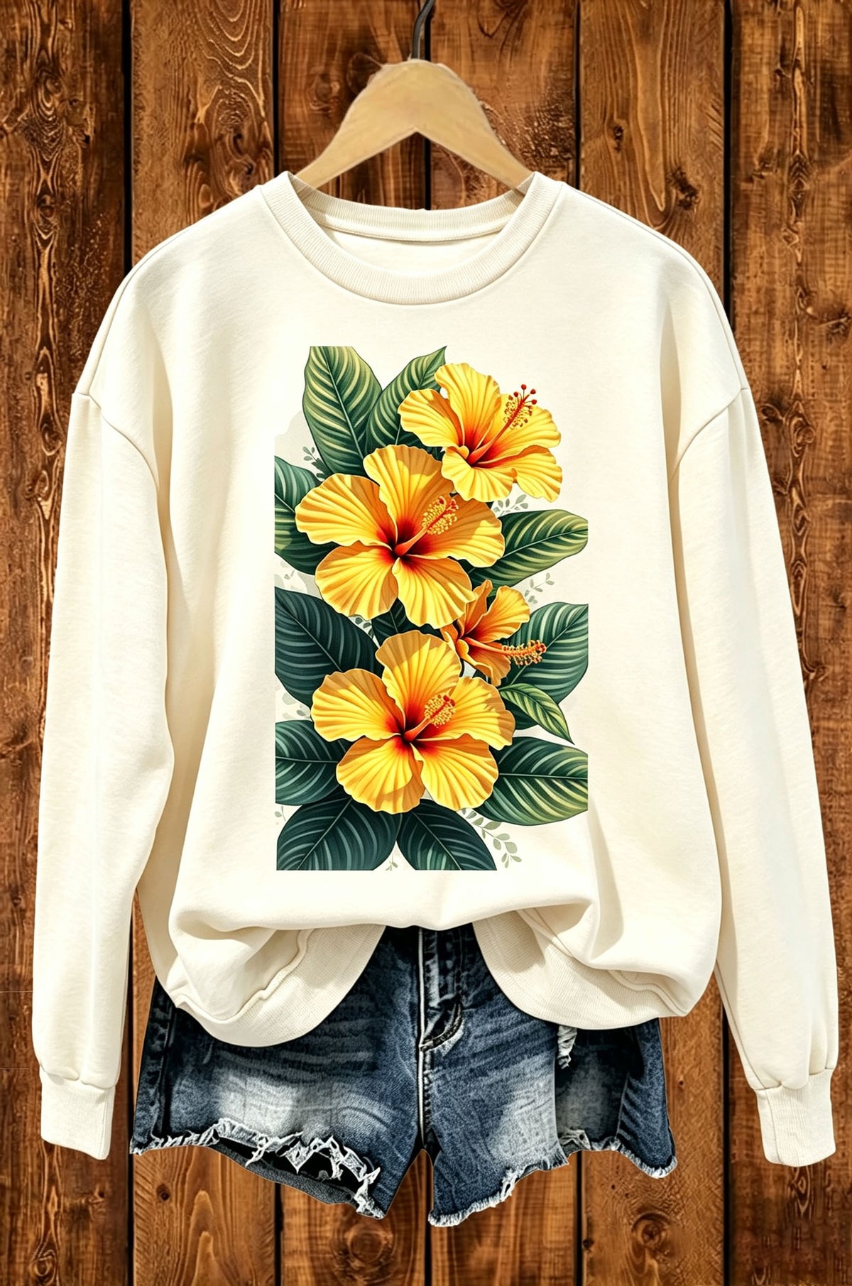 Tropical Yellow Hibiscus Flower Graphic Crewneck Sweatshirt