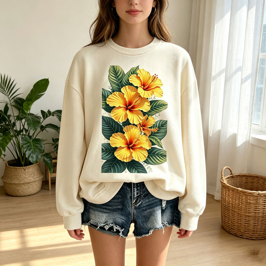 Tropical Yellow Hibiscus Flower Graphic Crewneck Sweatshirt