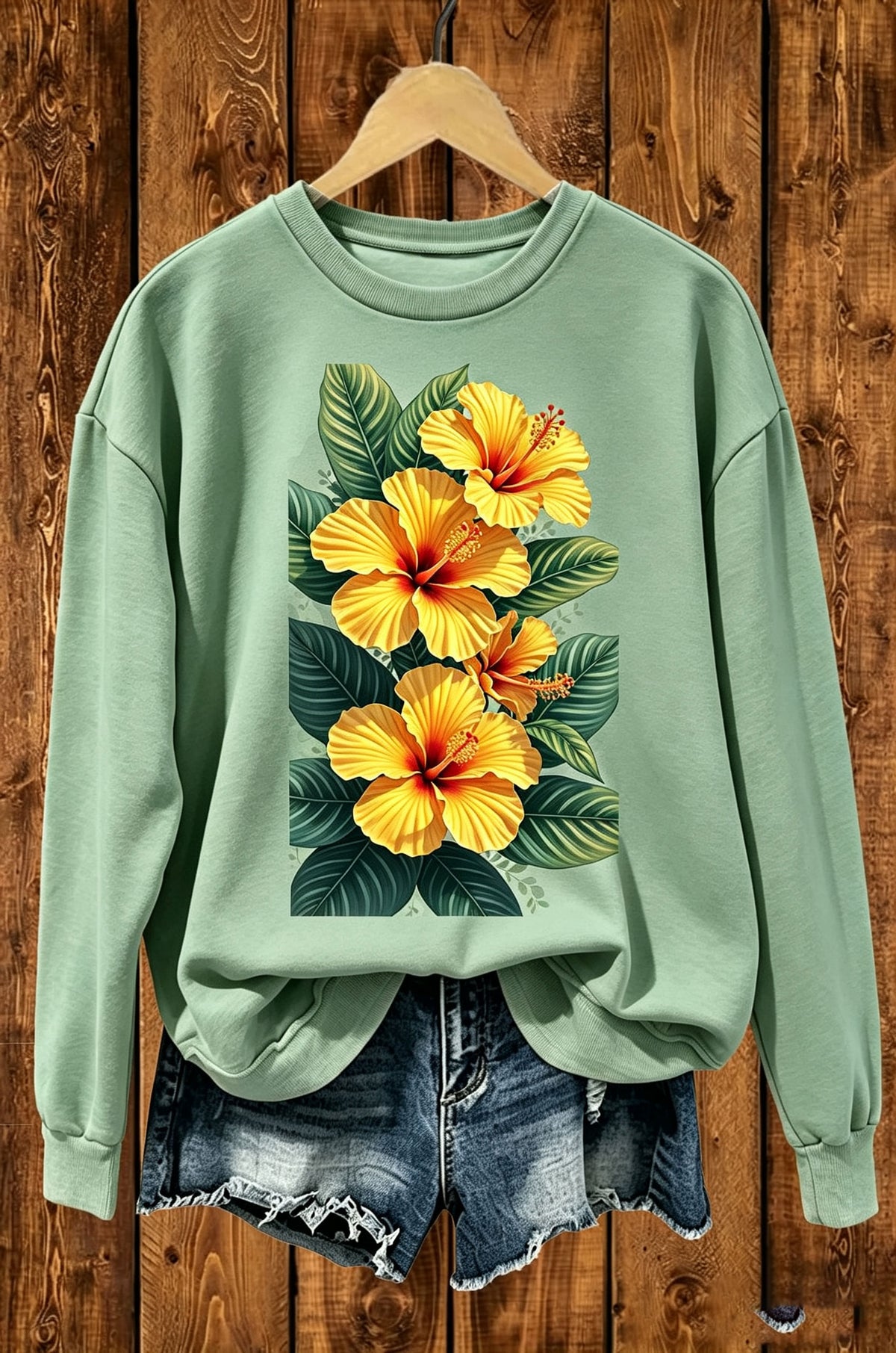 Tropical Yellow Hibiscus Flower Graphic Crewneck Sweatshirt