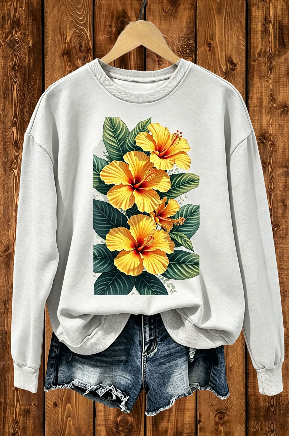 Tropical Yellow Hibiscus Flower Graphic Crewneck Sweatshirt