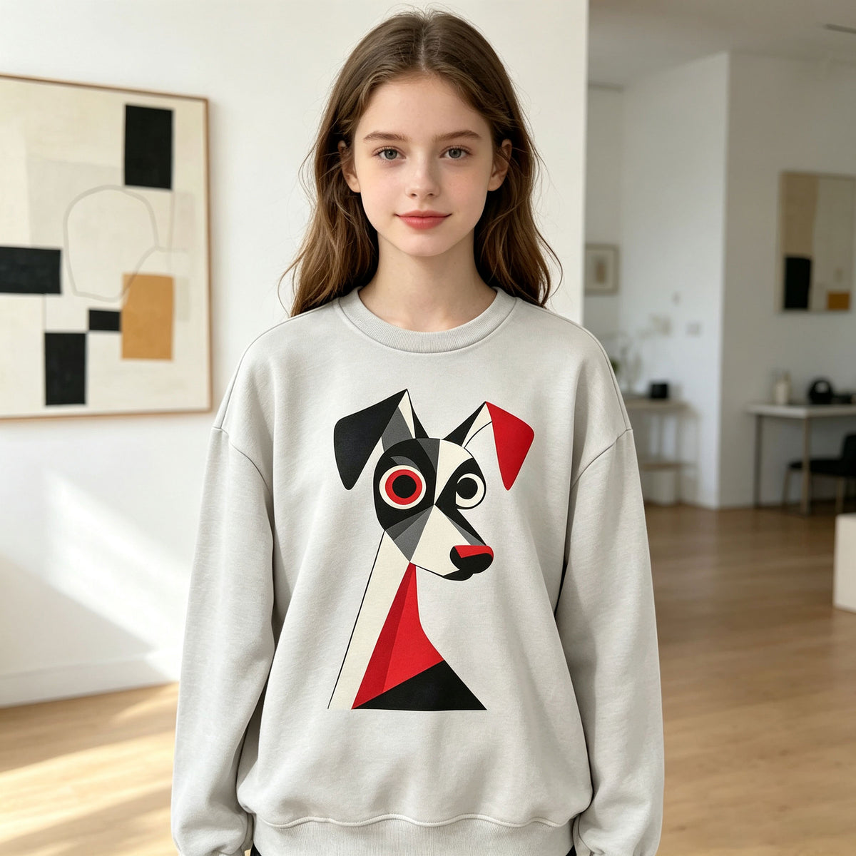 Abstract Geometric Dog Graphic Crewneck Sweatshirt