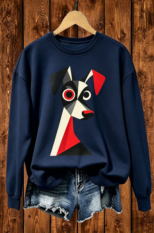 Abstract Geometric Dog Graphic Crewneck Sweatshirt