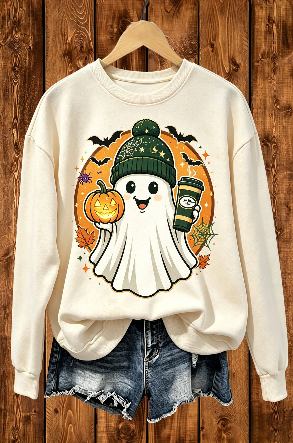 Cute Ghost Pumpkin Coffee Halloween Graphic Crewneck Sweatshirt