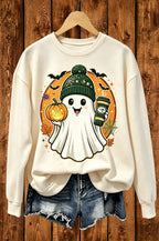 Cute Ghost Pumpkin Coffee Halloween Graphic Crewneck Sweatshirt