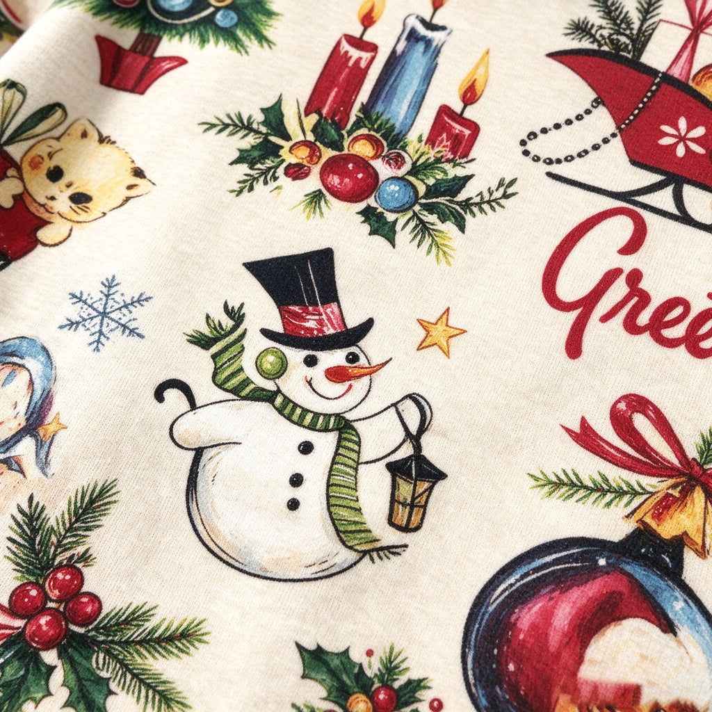 Vintage Retro Christmas Greetings Graphic Sweatshirt Women Oatmeal All Over Print Holiday Pullover