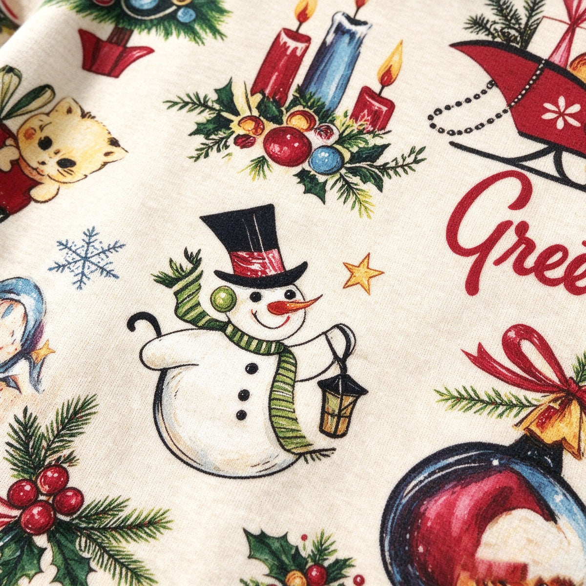Vintage Retro Christmas Greetings Graphic Sweatshirt Women Oatmeal All Over Print Holiday Pullover