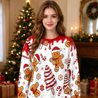 Christmas Gingerbread Man Sweatshirt, Cute Xmas Candy Cane Tree Print Crewneck, Holiday Party Pullover for Women