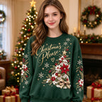Christmas Please Vintage Poinsettia Christmas Tree Embroidered Look Sweatshirt, Holiday Floral Xmas Crewneck