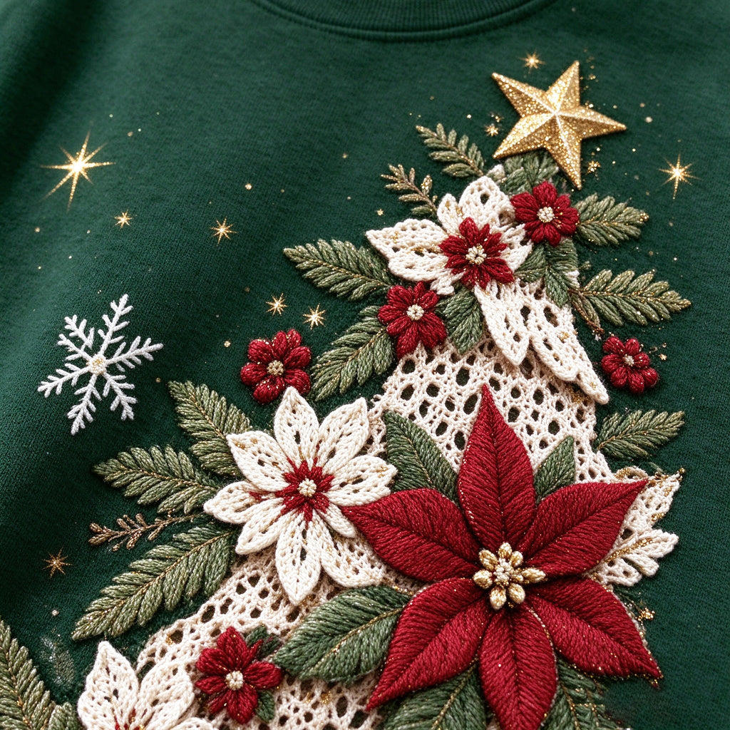 Christmas Please Vintage Poinsettia Christmas Tree Embroidered Look Sweatshirt, Holiday Floral Xmas Crewneck