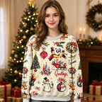 Vintage Retro Christmas Greetings Graphic Sweatshirt Women Oatmeal All Over Print Holiday Pullover