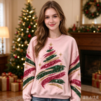 Brush Stroke Glitter Christmas Tree Sweatshirt Pink Long Sleeve Holiday Pullover for Women