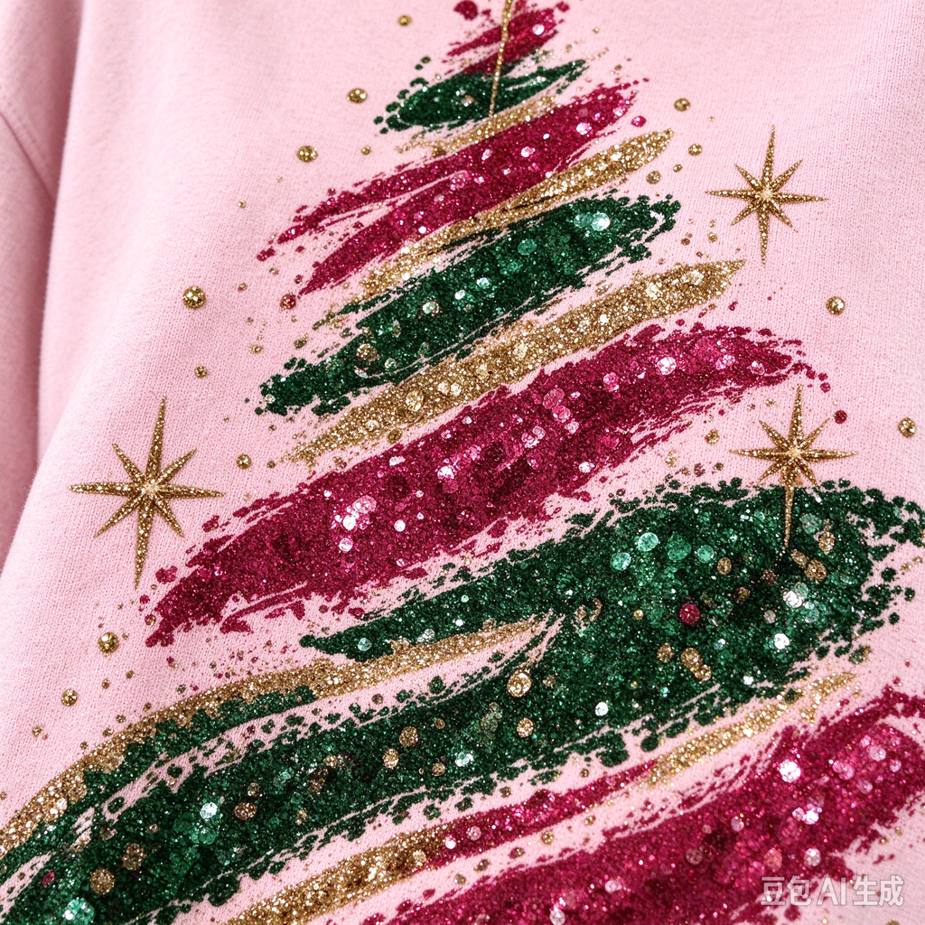 Brush Stroke Glitter Christmas Tree Sweatshirt Pink Long Sleeve Holiday Pullover for Women