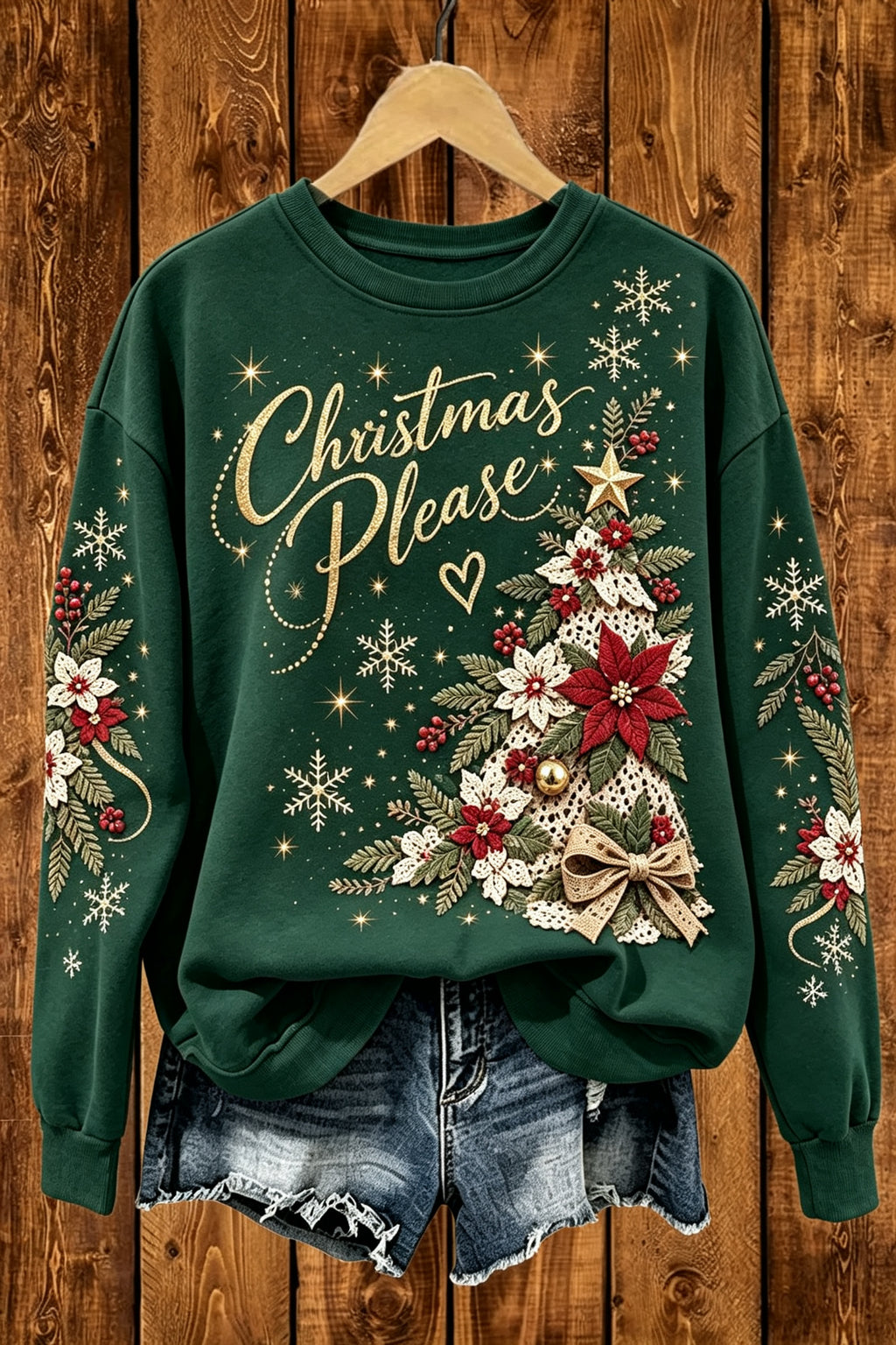 Christmas Please Vintage Poinsettia Christmas Tree Embroidered Look Sweatshirt, Holiday Floral Xmas Crewneck