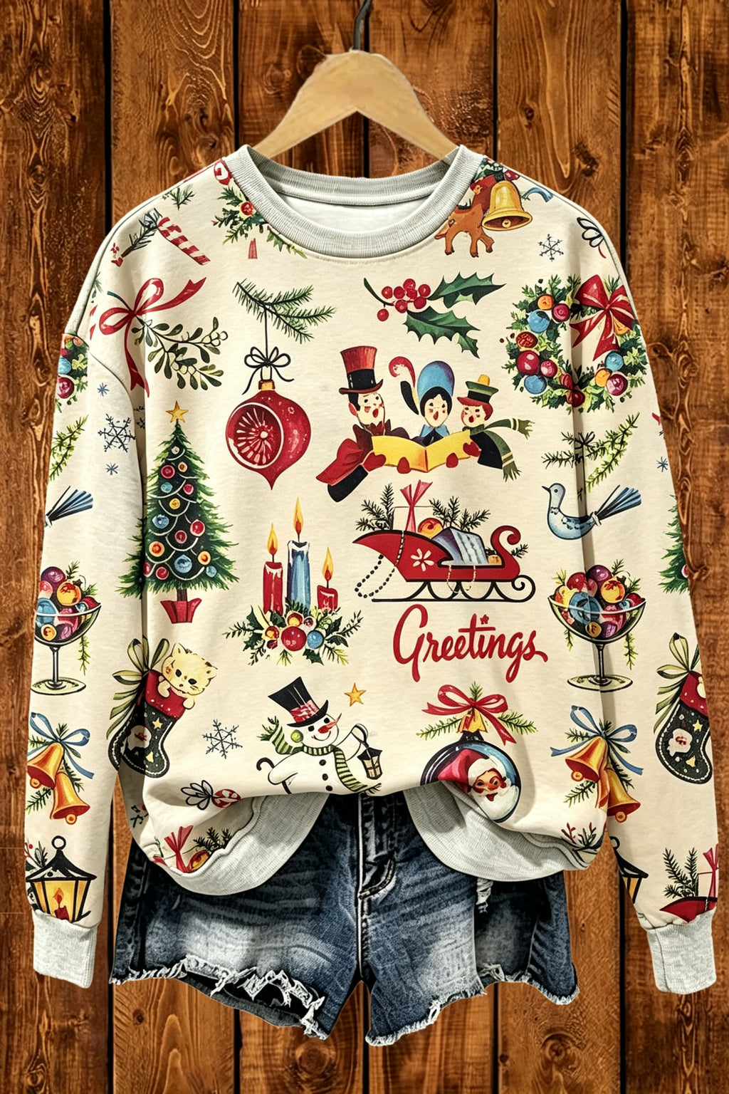Vintage Retro Christmas Greetings Graphic Sweatshirt Women Oatmeal All Over Print Holiday Pullover