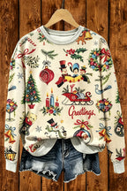 Vintage Retro Christmas Greetings Graphic Sweatshirt Women Oatmeal All Over Print Holiday Pullover
